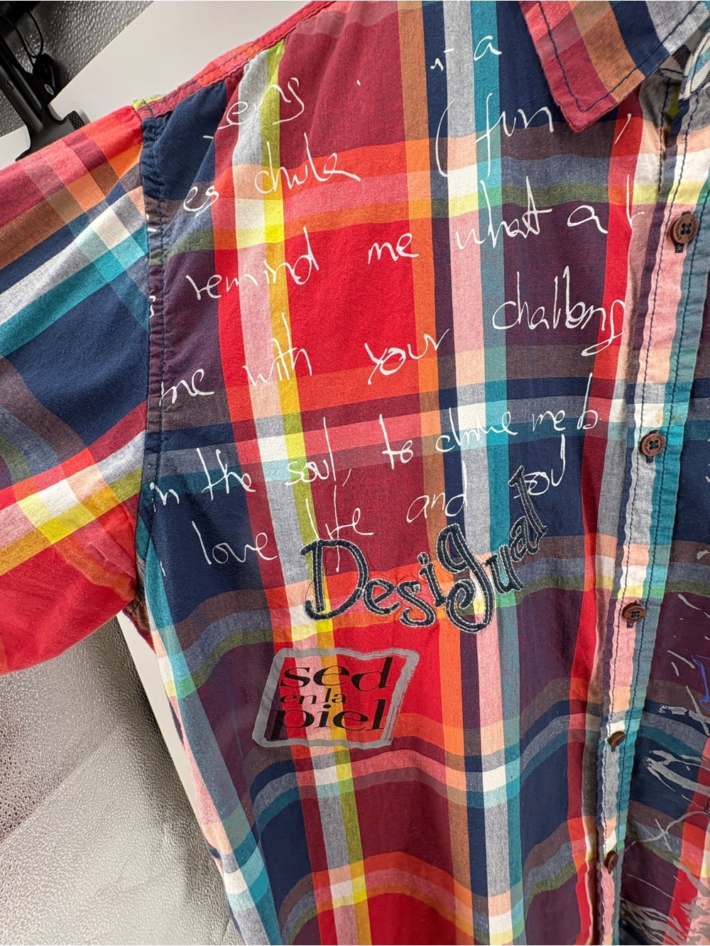 Desigual Men’s 2XL Plaid Graphic Button Up Shirt Long Sleeve Embroidered Artsy - Picture 2 of 10